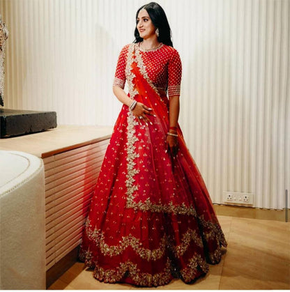 Amazaballs Red Color Georgette Embroidered Work Lehenga Choli For Wedding Wear