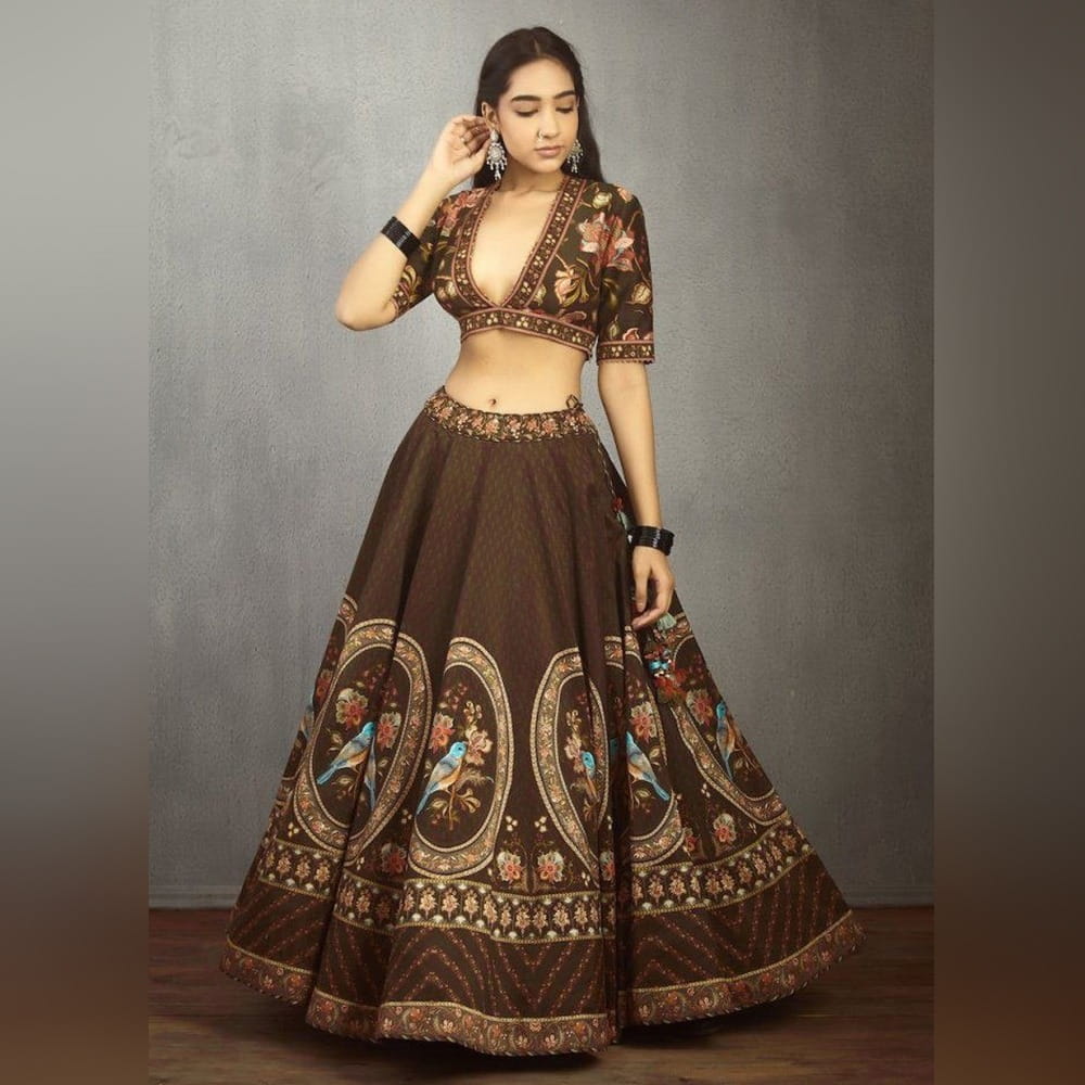 Brown Color Wedding Wear Designer Italian Silk Digital Printed Work Latest Design Lehenga Choli