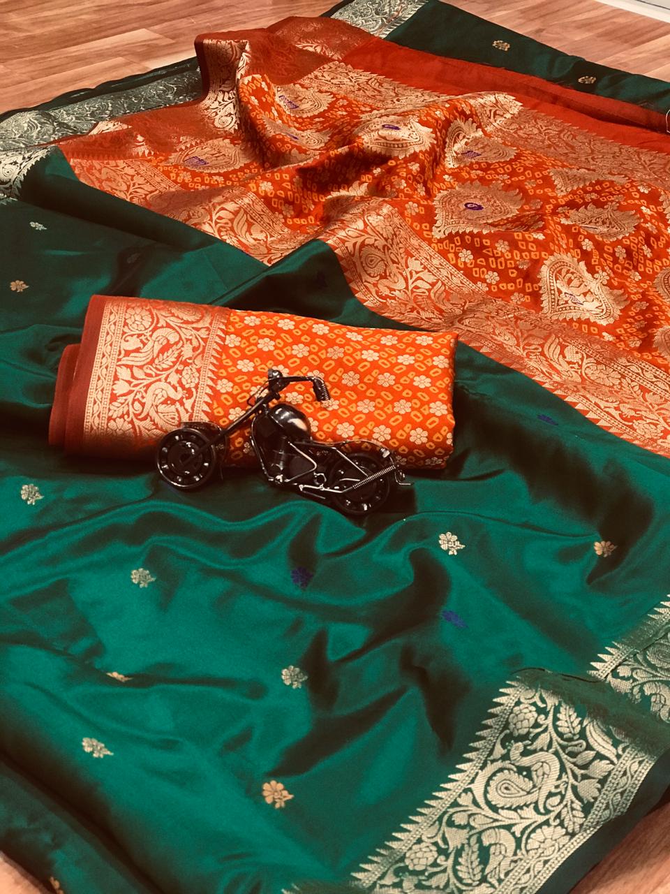 Rama Green Color Festive Wear Silk Banarasi Weaving Zari Designer Saree Blouse