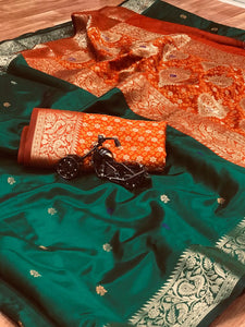Rama Green Color Festive Wear Silk Banarasi Weaving Zari Designer Saree Blouse