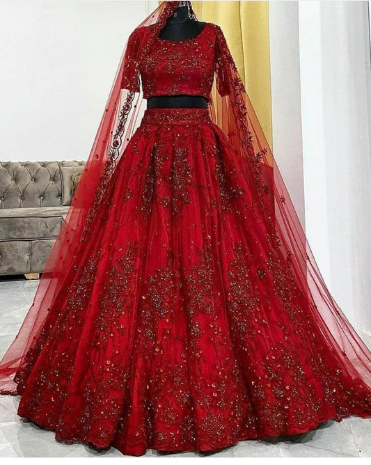 Bewildering Red Color Bridal Wear Net Chine Sequence Work Designer Lehenga Choli
