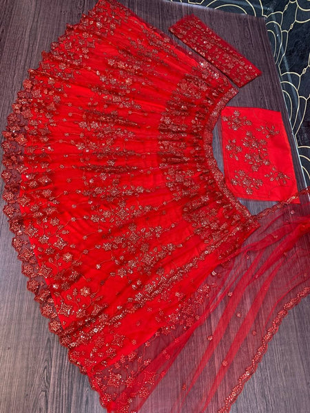 Bewildering Red Color Bridal Wear Net Chine Sequence Work Designer Lehenga Choli
