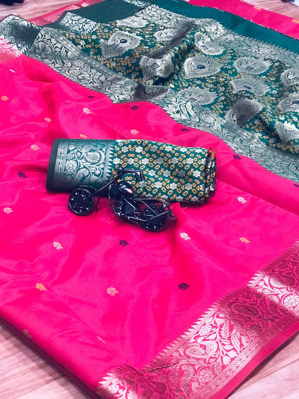 Rani Pink Color Party Wear Zari Weaving Banarasi Silk Designer Saree Blouse