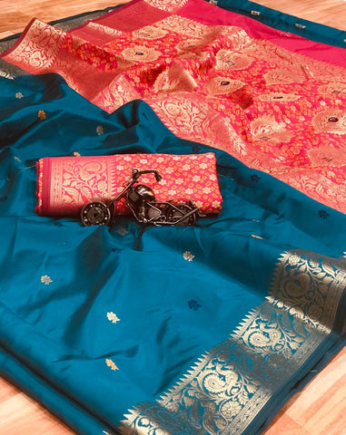 Blue Color Party Wear Silk Banarasi Zari Weaving Designer Saree Blouse