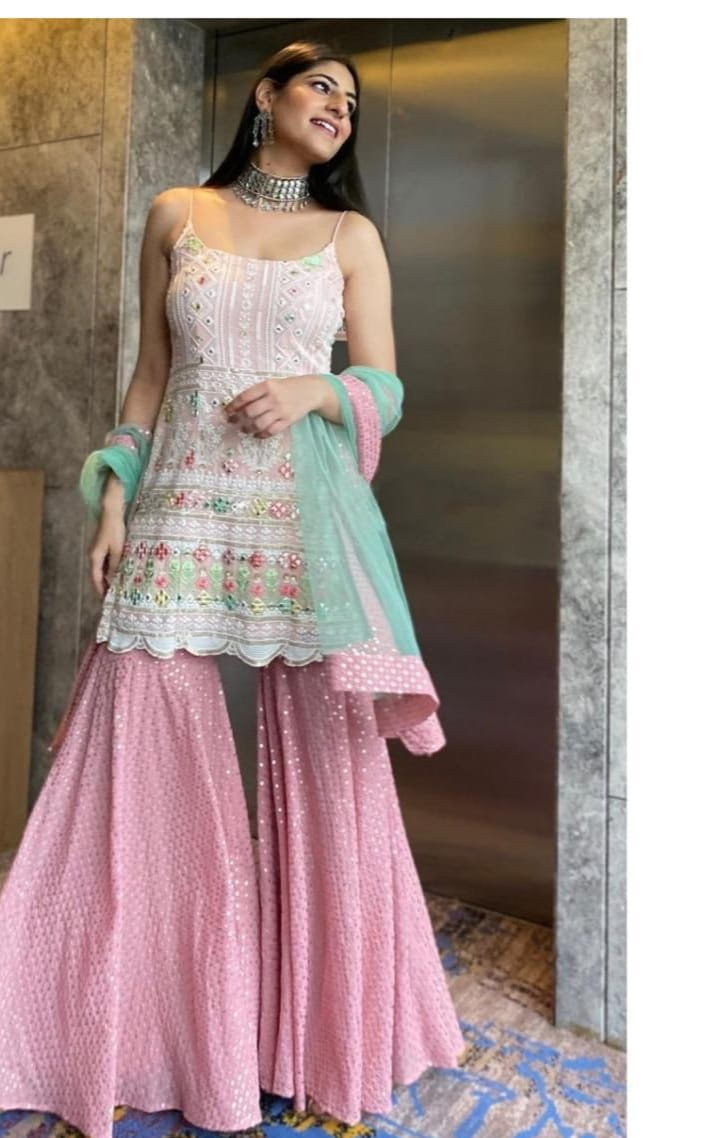 Opulent Pink Color Ready Made Georgette Thread Sequence Work Sharara Suit