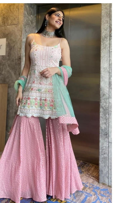 Opulent Pink Color Ready Made Georgette Thread Sequence Work Sharara Suit