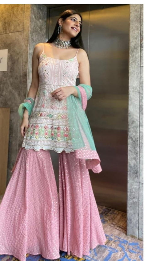 Opulent Pink Color Ready Made Georgette Thread Sequence Work Sharara Suit