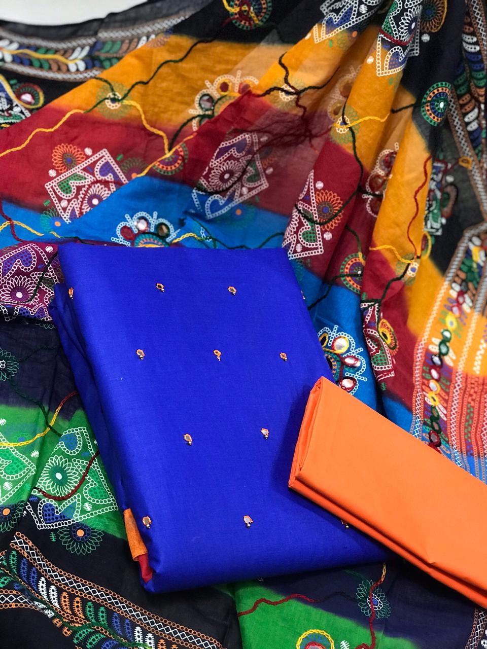 Royal Blue Color Cotton Fancy Work Design Dress Material