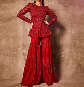 Party Wear Red Color Super Georgette Sequence Work Sharara Suit For Ladies
