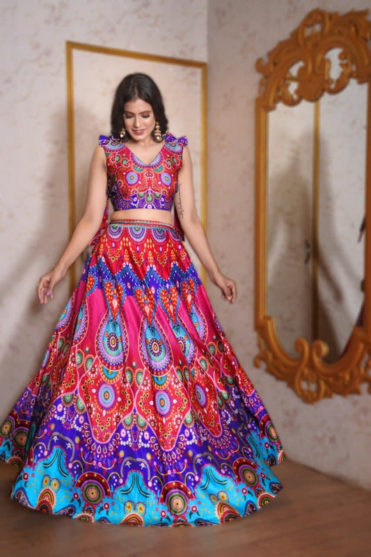 Enamoring Multi Color Digital Printed Festive Wear Italian Silk Lehenga Choli