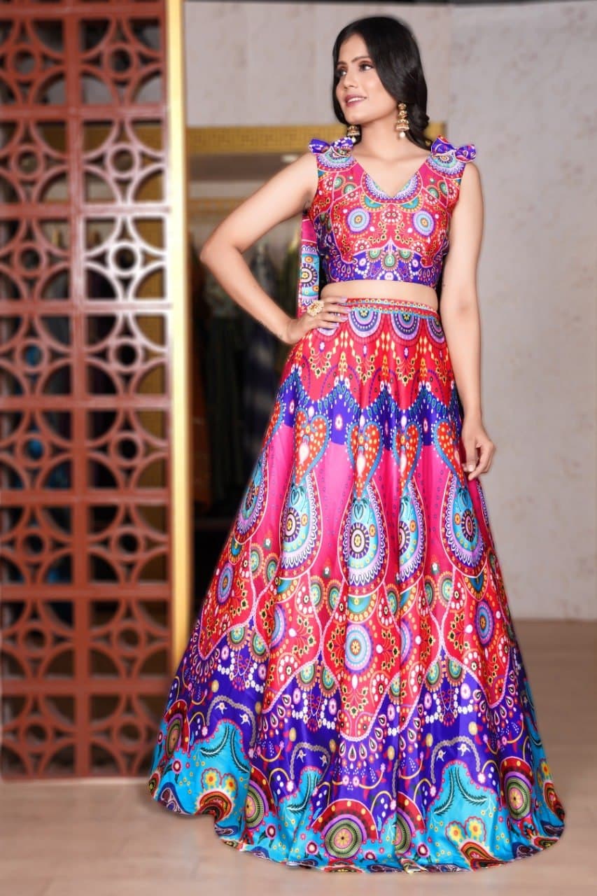 Enamoring Multi Color Digital Printed Festive Wear Italian Silk Lehenga Choli