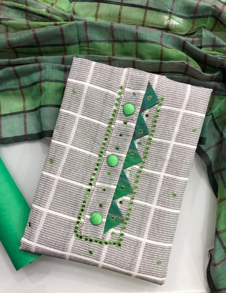 Green Color Designer Checked Design South Cotton Unstitched Salwar Kameez