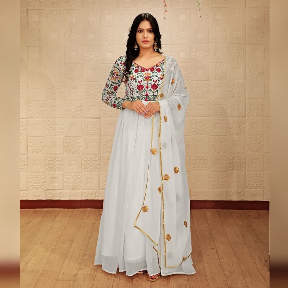 Jazzy White Color Embroidered Work Georgette Occasion Wear Gown