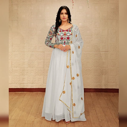 Jazzy White Color Embroidered Work Georgette Occasion Wear Gown