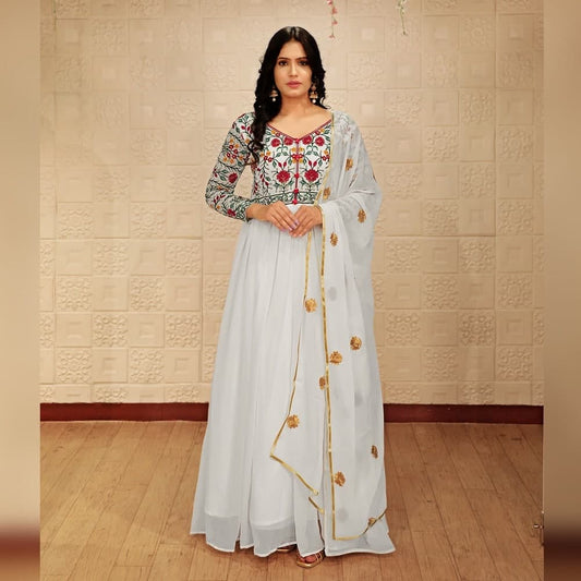 Jazzy White Color Embroidered Work Georgette Occasion Wear Gown
