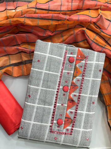 Orange Color Festive Wear South Cotton Designer Checked Design Salwar Suit