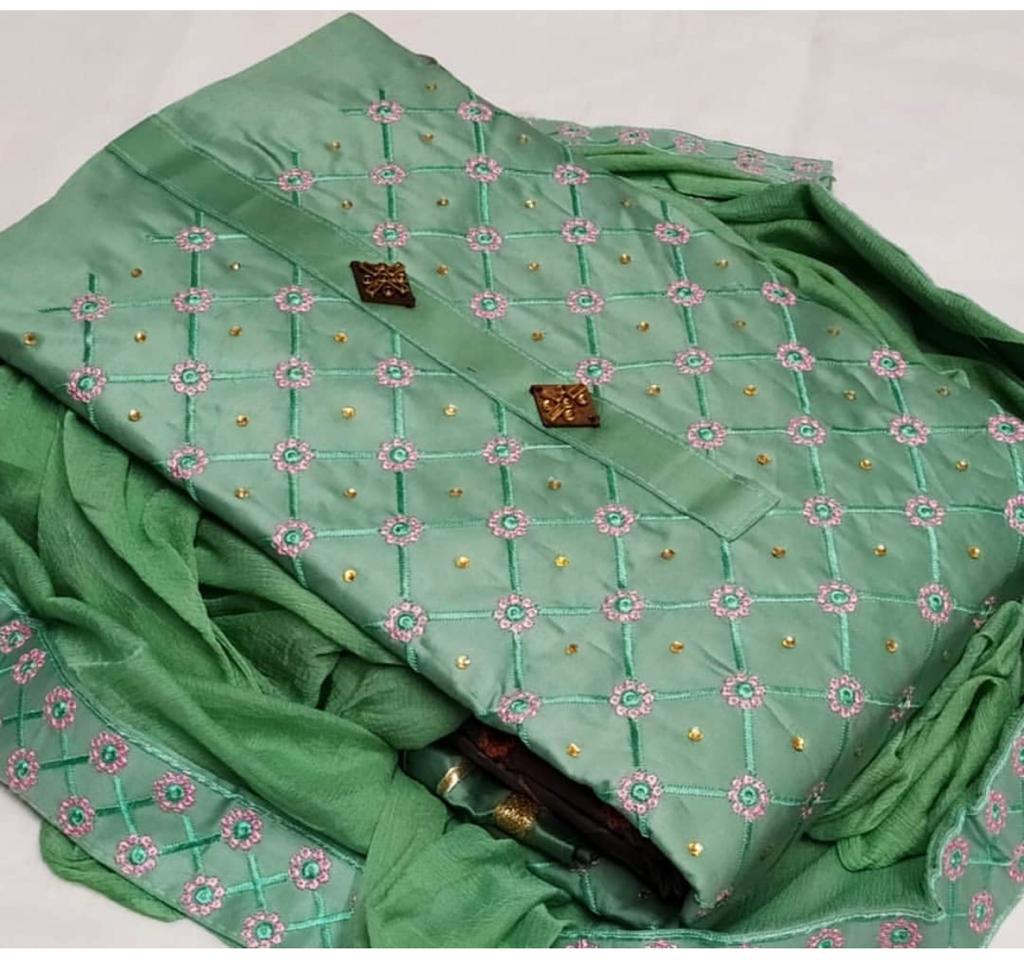 Green Color Casual Wear Embroidered Work Fancy Glaze Cotton Dress Material