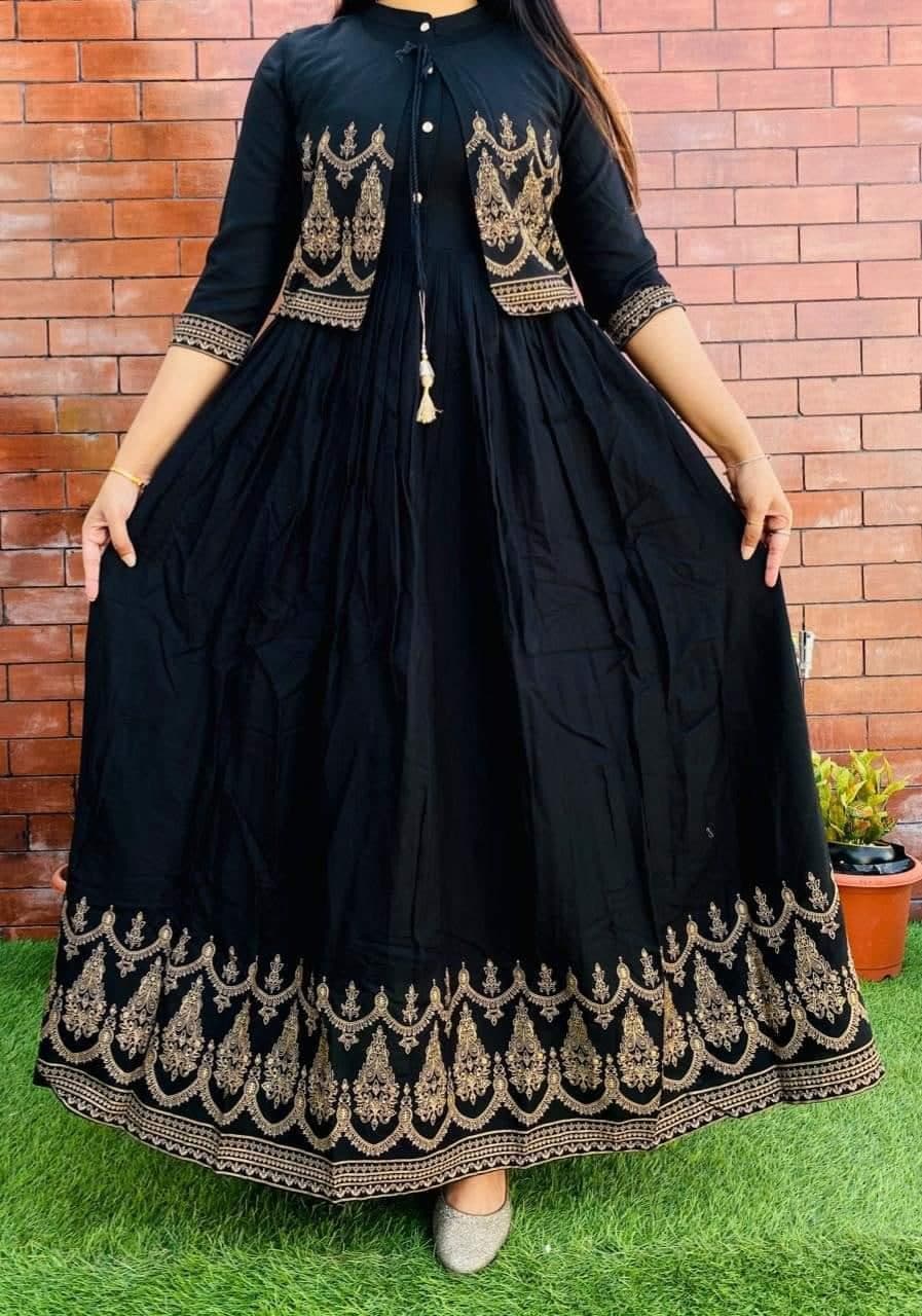 Black Color Rayon Ready Made Printed Design Gown