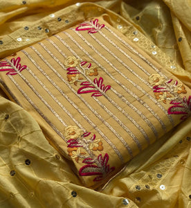 Golden Color Party Wear Glaze Cotton Designer Embroidered Work Salwar Kameez