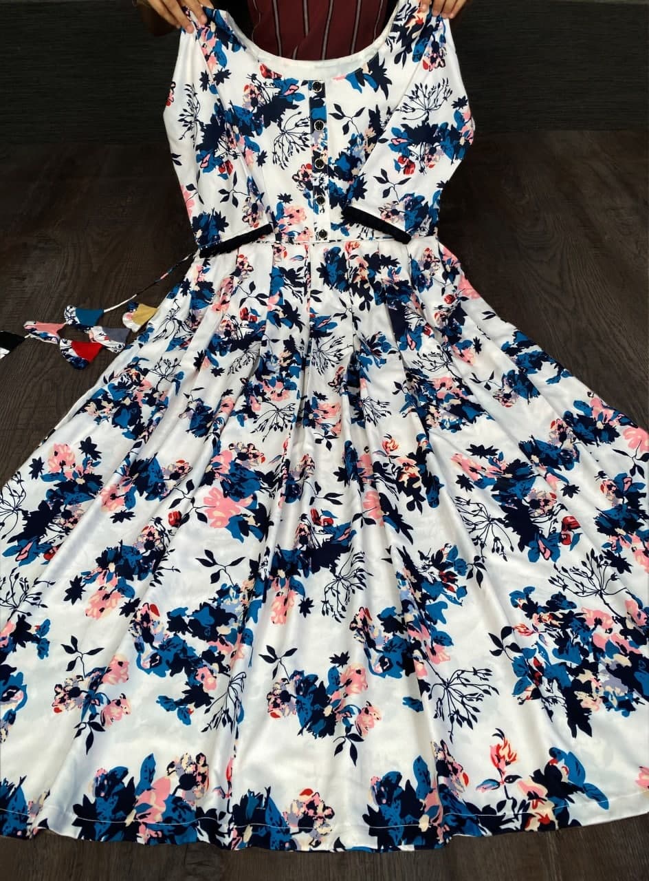 White Color Printed Rayon Gown For Festive Wear
