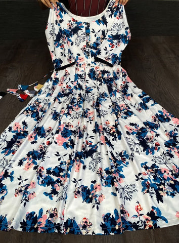 White Color Printed Rayon Gown For Festive Wear