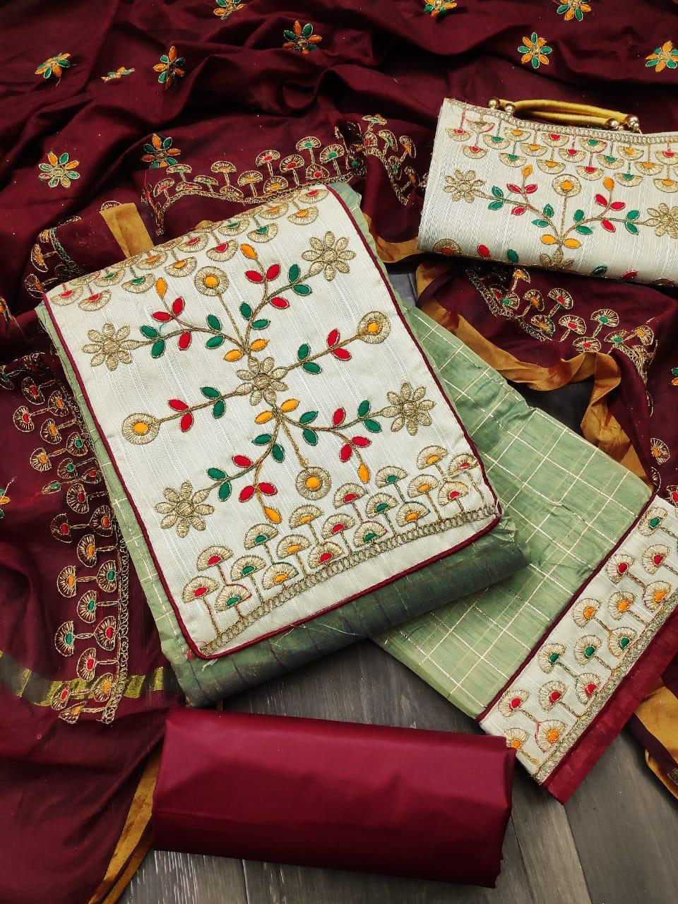 Light Green Color Festive Wear Semi Modar Embroidered Work Chex Chanderi Salwar Suit