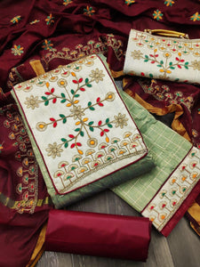 Light Green Color Festive Wear Semi Modar Embroidered Work Chex Chanderi Salwar Suit