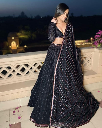Fabulous Navy Blue Color Festive Wear Georgette Sequence Work Lehenga Choli