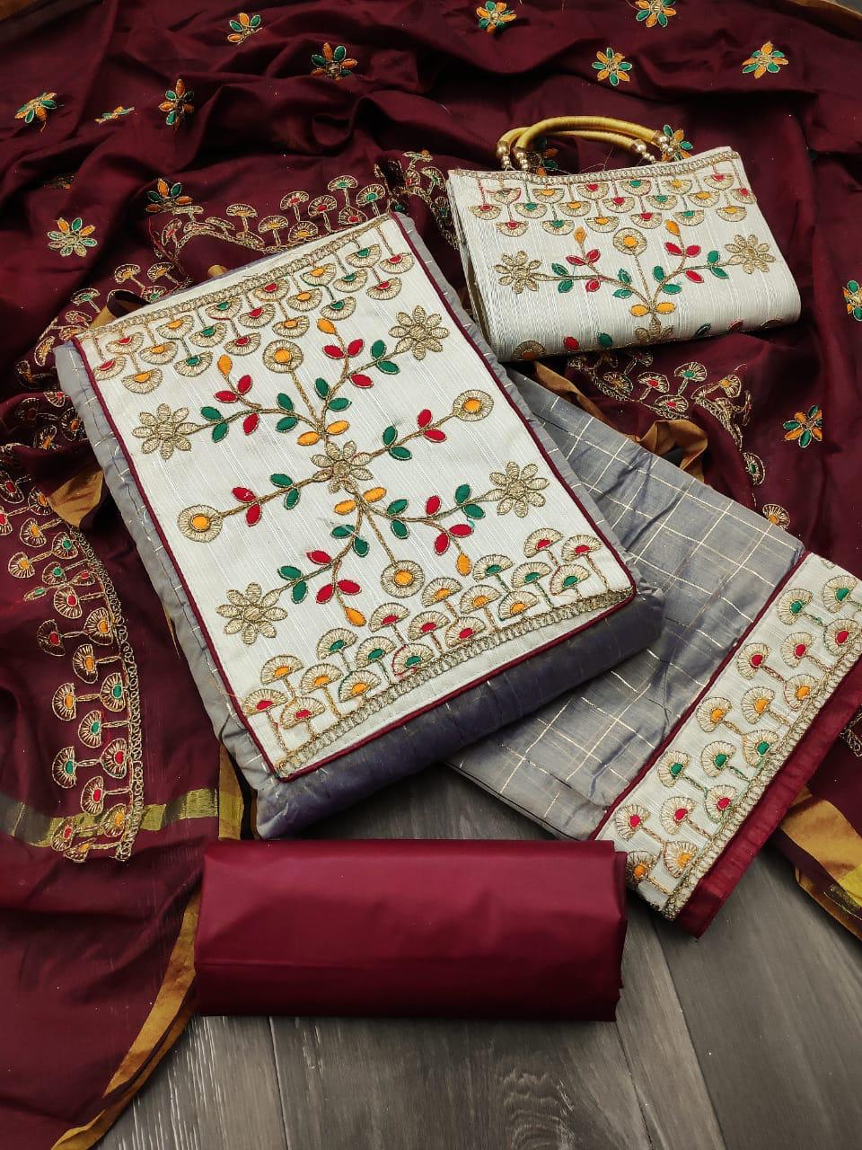 Grey Color Occasion Wear Embroidered Work Fancy Chanderi Semi Modar Salwar Suit With Purse