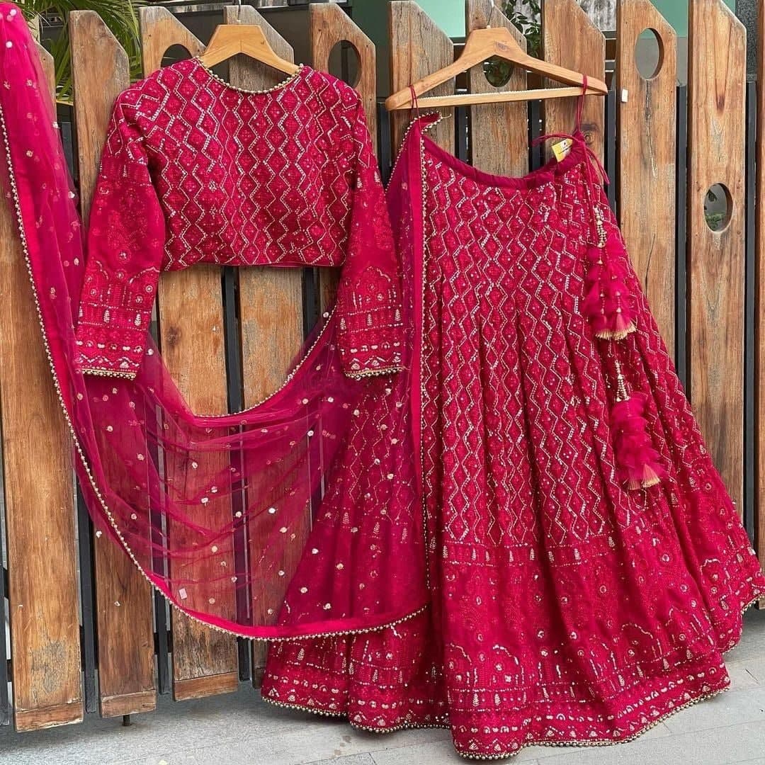 Dazzling Rani Pink Color Chain Stitched Work Georgette Lehenga Choli