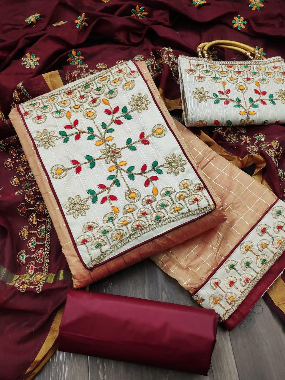 Peach Color Party Wear semi Modar Chanderi Embroidered Work Designer Dress Material