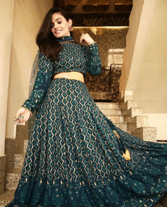 Attractive Rama Color Georgette Chain Stitched Work Party Wear Lehenga Choli