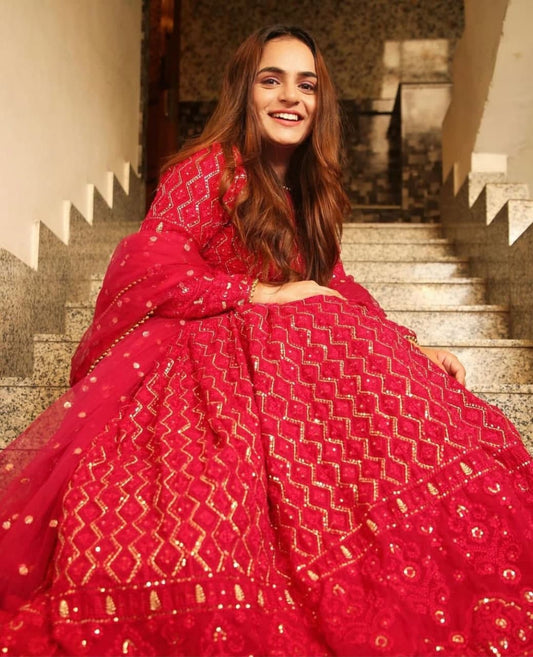 Blooming Red Color Function Wear Designer Chain Stitched Work Georgette Lehenga Choli