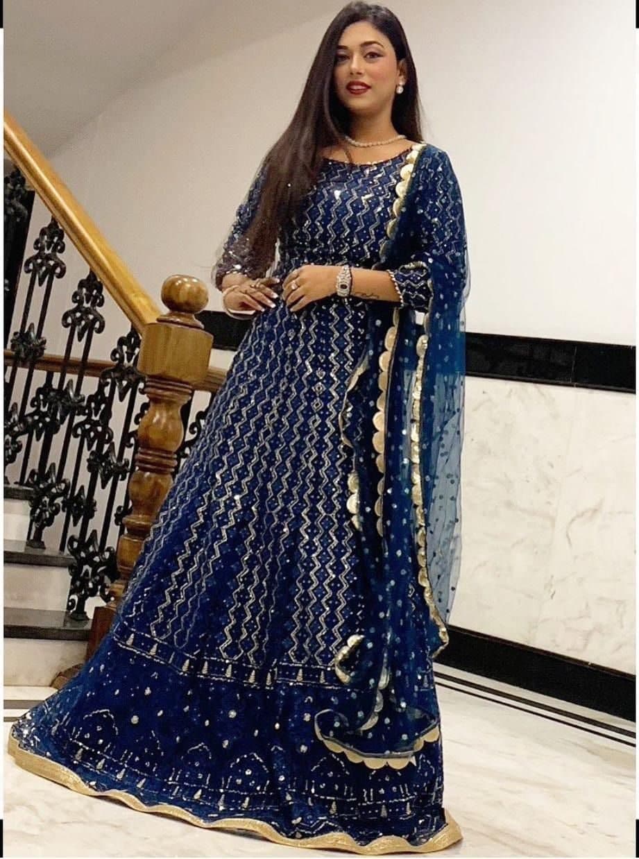 Energetic Navy Blue Color Bridal Wear Georgette Chain Stitched Work Lehenga Choli