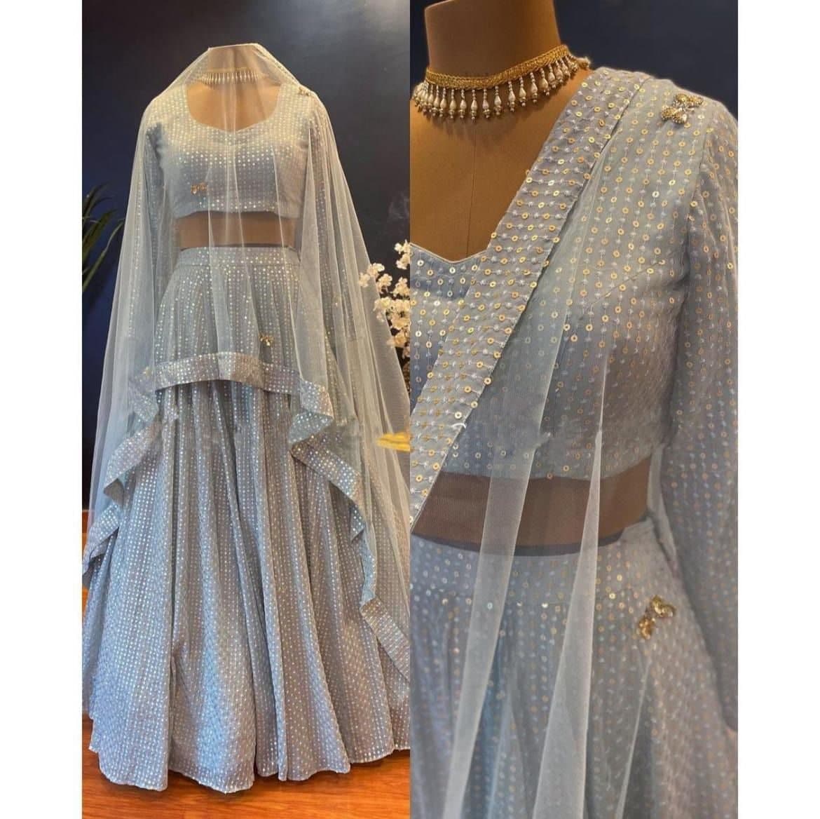 Delightful Grey Color Georgette Sequence Work Wedding Wear Lehenga Choli