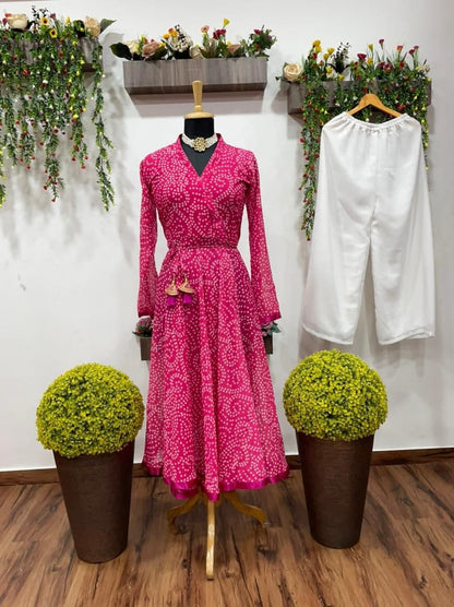 Wondrous Rani Pink Color Georgette Printed Pent Kurti For Women
