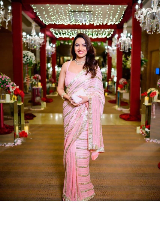 Jazzy Pink Color Sequence Work Georgette Occasion Wear Saree Blouse