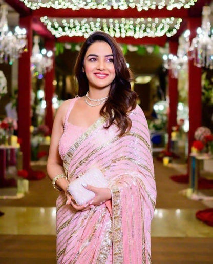 Jazzy Pink Color Sequence Work Georgette Occasion Wear Saree Blouse
