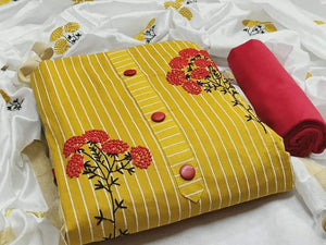 Casual Wear Yellow Color Fancy Cotton Embroidered Work Dress Material