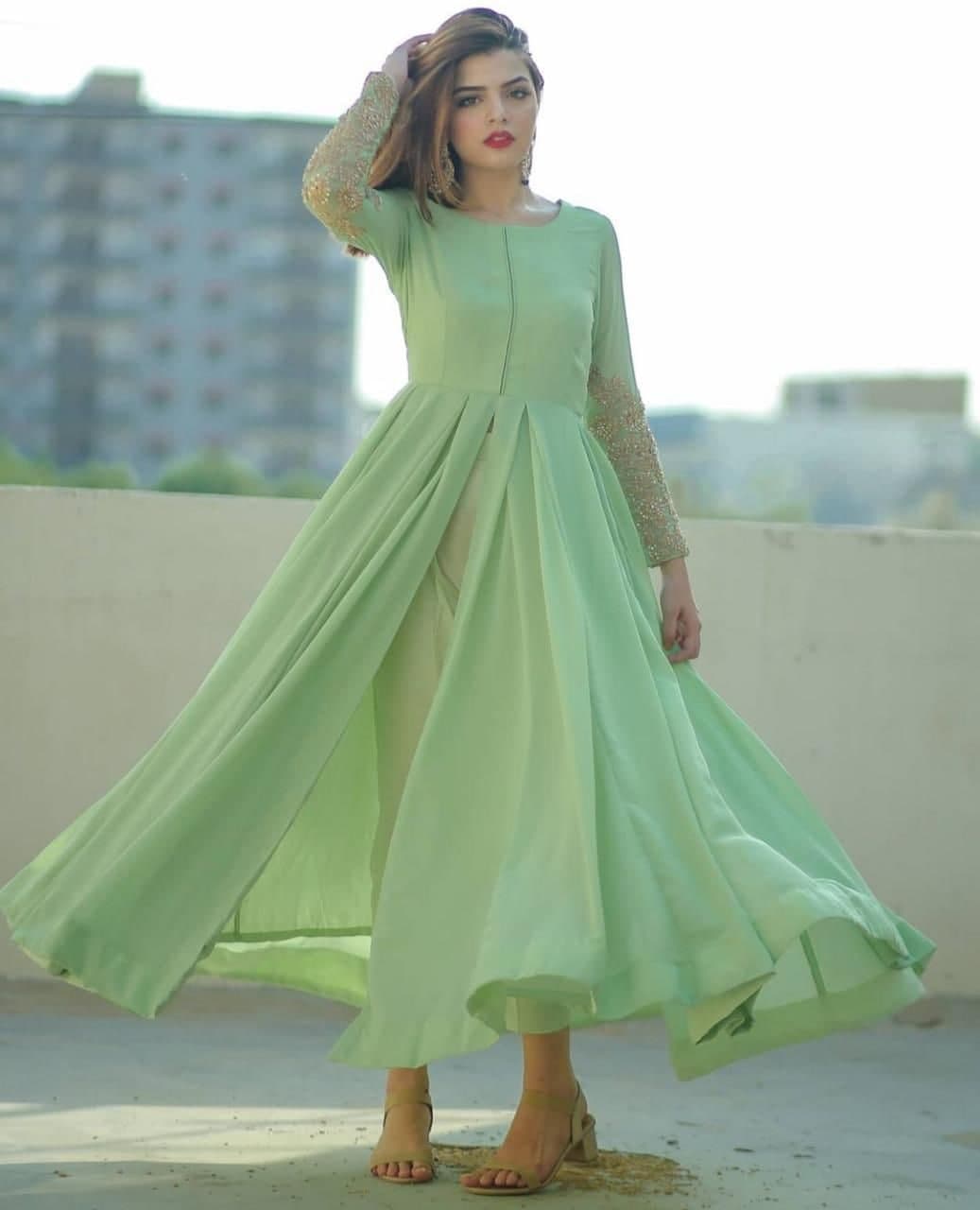 Majesty Green Color American Silk Diamond Thread Work Pent Kurti