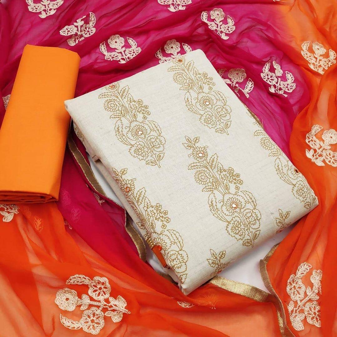 Orange Color Festive Wear Glaze Cotton Fancy Work Printed Salwar Suit