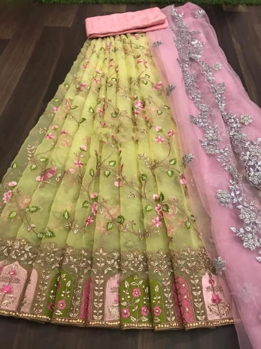 Striking Yellow Color Organza Embroidered Diamond Work Lehenga Choli Design
