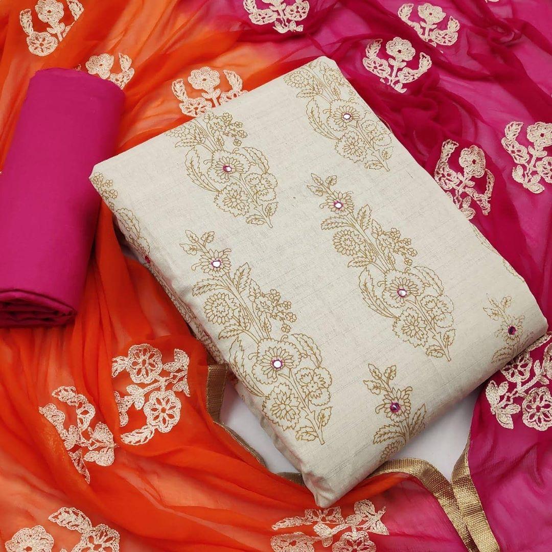 Rani Pink Color Casual Wear Printed Glaze Cotton Fancy Work Salwar Suit