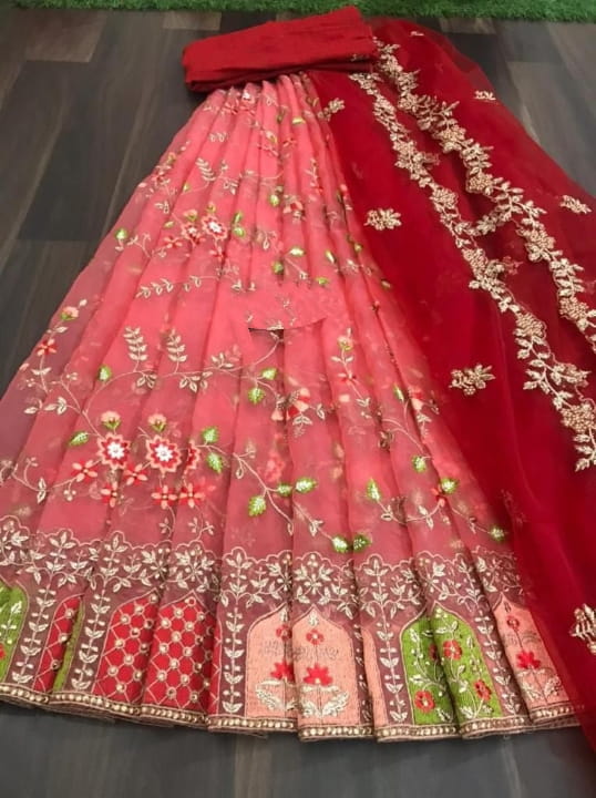 Classic Peach Color Organza Diamond Cut Design Lehenga Choli For Women