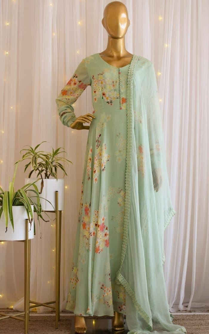 Engrossing Green Color Printed Georgette Ready Made Dupatta Gown
