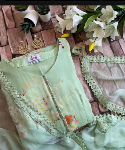 Engrossing Green Color Printed Georgette Ready Made Dupatta Gown