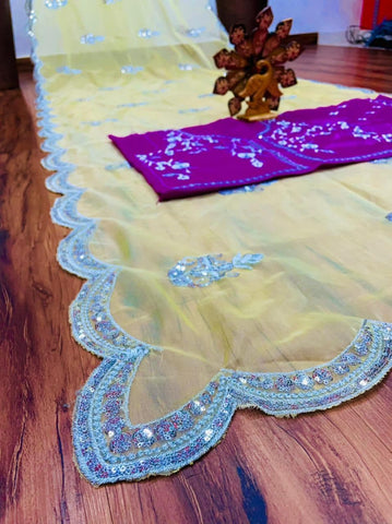 Amazaballs Yellow Color Organza Sequence Work Saree Blouse For Women