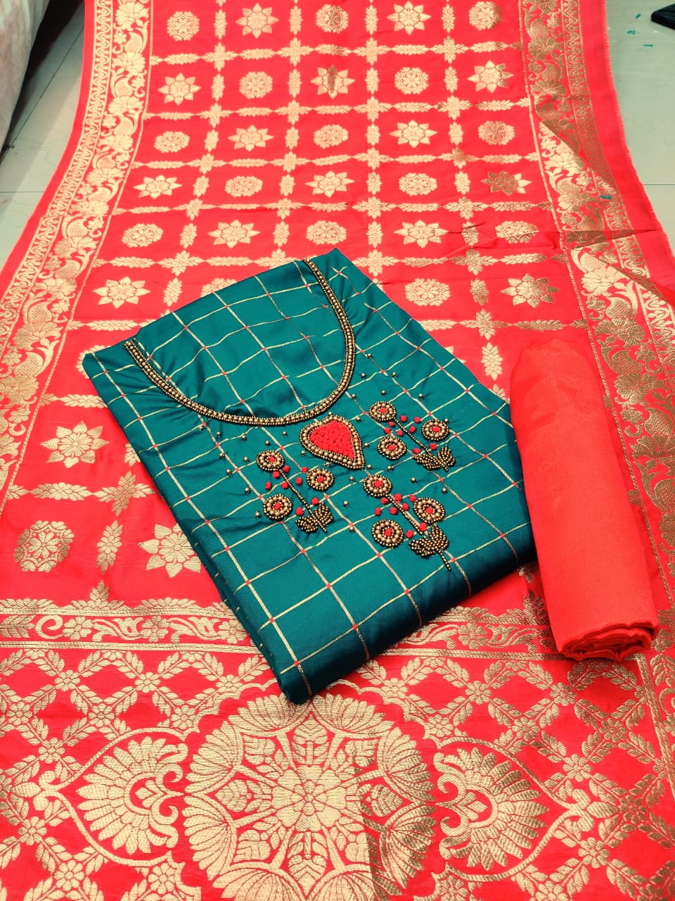 Rama Color Party Wear Hand Work Silk Tapeta Salwar Suit