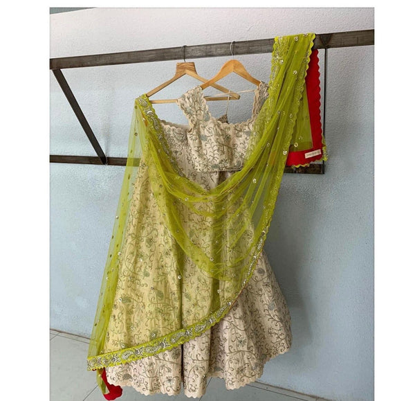 Admiring Cream Color Banglori Silk Embroidered Work Lehenga Choli For Women