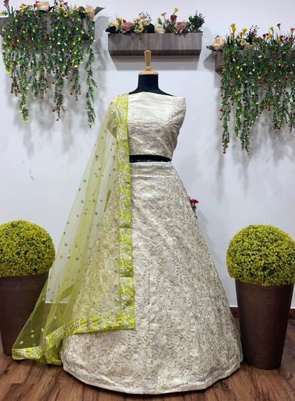 Admiring Cream Color Banglori Silk Embroidered Work Lehenga Choli For Women